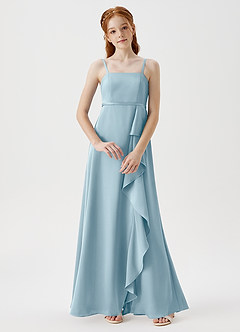 Azazie Kaylee Junior Robe Trapèze en Satin extensible avec ceinture Bleu Maussade image1