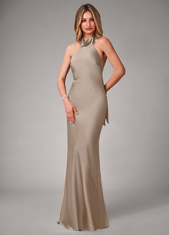Azazie Velli Bridesmaid Dresses Taupe Mermaid High Neck Stretch Satin Dress image3