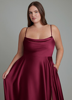 Azazie Elle Bridesmaid Dresses Burgundy A-Line Pleated Stretch Satin Dress image3