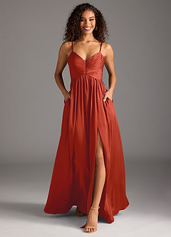 Azazie Alia Bridesmaid Dresses Rust A-Line Pleated Stretch Satin Dress image5