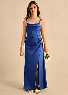 Azazie Lexy Girls Formal Flower Girl Dresses Royal Blue A-Line Pleated Stretch Satin Dress image5
