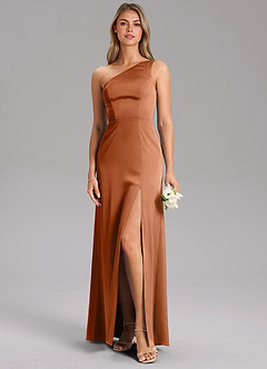 Azazie Feby Robes de demoiselle d'honneur Robe Trapèze en Satin extensible Ue épaule Cuivre image3