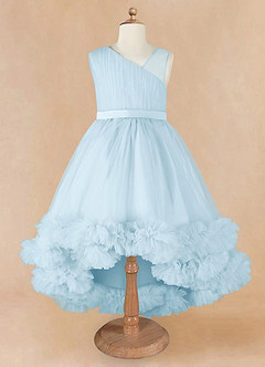 Azazie Lottie vestidos de niña de las flores Vestido de Azul Cielo de Satén de Corte En A con Hombro unilateral image5