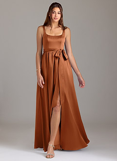 Azazie Elliott Bridesmaid Dresses Copper A-Line with Pockets Stretch Satin Dress image5