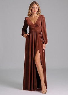 Azazie Norah Bridesmaid Dresses Terracotta A-Line Long Sleeve Velvet Dress image3