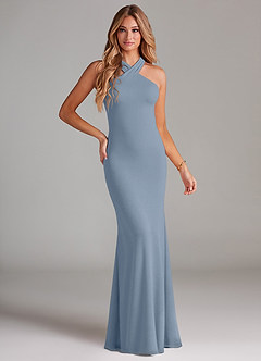 Azazie Doretta Bridesmaid Dresses Dusty Blue Mermaid Pleated Chiffon Dress image1