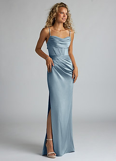 Azazie Mai Bridesmaid Dresses Dusty Blue Sheath Pleated Stretch Satin Dress image3