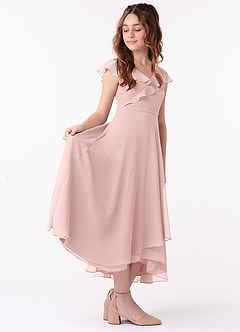 Azazie Posie Junior Powder Pink A-Line Ruched Chiffon Dress image2