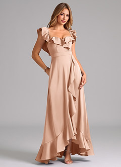 Azazie Lyra Robes de demoiselle d'honneur Robe Trapèze Convertible en Satin extensible Épaule décolletée Or Rose image2