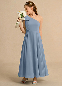 Azazie Guppy Junior Formal Flower Girl Dresses Dusty Blue A-Line One Shoulder Chiffon Dress image5