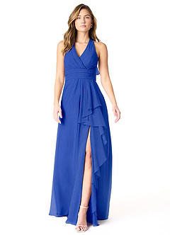 Azazie Aviv Robes de demoiselle d'honneur Robe Trapèze en Mousseline de soie Plissée Bleu Roi image1