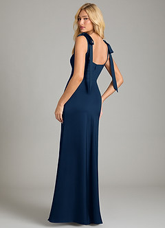 Azazie Frostine Bridesmaid Dresses Dark Navy A-Line Bow Stretch Satin Dress image2