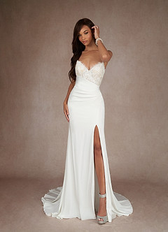 Azazie Nyx Probar vestidos en casa Vestido de Blanco Diamante Champán de Stretch Satin de Sirena con Lentejuelas cuello pico image2