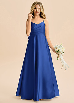 Azazie Rumi Junior A-Line Plisseret Stræk satin Gulv-længde Junior brudepige Kjole image4