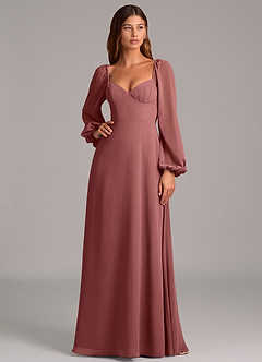 Azazie Annistyn 신부 들러리 드레스 A라인 긴팔 쉬폰 바닥 길이 드레스 image3