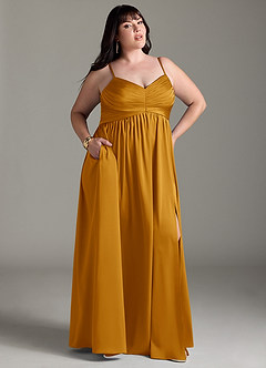 Azazie Alia Vestidos de damas de honor Vestido de Caramelo de Satén Elástico de Corte en A con Plisado image11