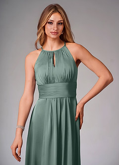 Azazie Bonnie Bridesmaid Dresses Sea Moss A-Line Pleated Stretch Satin Dress image5
