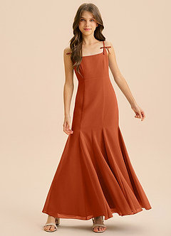 Azazie Evey Junior Abito Sirena in Chiffon Plissettato Arancia Bruciata image3