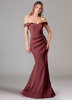 Azazie Everly Robes de demoiselle d'honneur Robe Sirène Convertible en Satin extensible Épaule décolletée Merlot image1