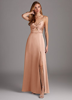 Azazie Jenna Bridesmaid Dresses Rose Gold A-Line Pleated Stretch Satin Dress image1