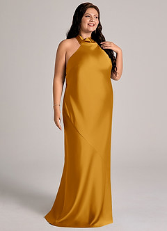 Azazie Velli Abiti da Damigella Abito Sirena in Raso Elasticizzato Collo Alto Caramello image12