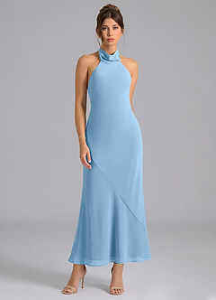 Azazie Velli Robes de demoiselle d'honneur Robe Sirène en Mousseline de soie Col Haut Acier Bleuté image5