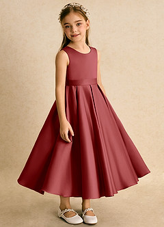 Azazie Junebuj Flower Girl Dresses Rust Ball-Gown Pleated Matte Satin Dress image5