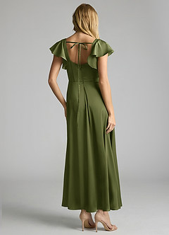 Azazie Bondi 신부 들러리 드레스 A라인 셔링 스트레치 새틴 발목 길이 드레스 image3