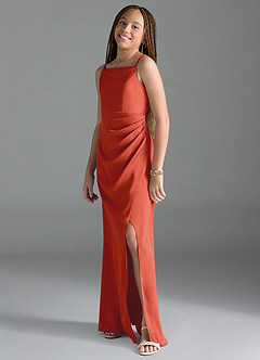 Azazie Leonis Junior Rust A-Line Pleated Stretch Satin Dress image4