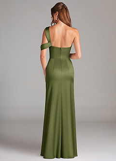 Azazie Wynter Robes de demoiselle d'honneur Robe Fourreau en Satin extensible Épaule décolletée Olive image2