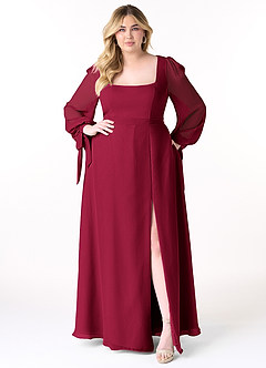 Azazie Leonia Brautjungfernkleider A-Linie Langarm Chiffon Kleid Burgunderrot image4