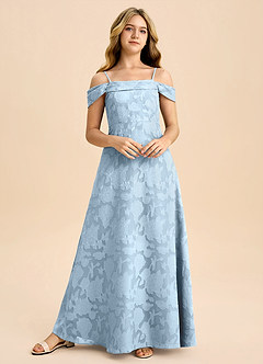 Azazie Anselie Junior Sky Blue A-Line Off the Shoulder Floral Burnout Dress image4