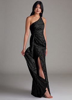 Azazie Mika Bridesmaid Dresses Black Sheath One Shoulder Floral Burnout Dress image2