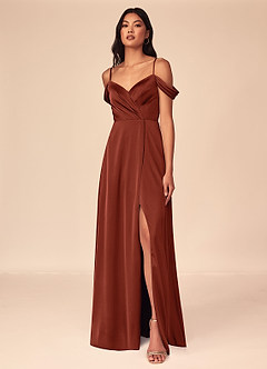 Azazie Ocean Brautjungfernkleider A-Linie V-Hals Gefaltet Stretch-Satin Kleid Terrakotta image1