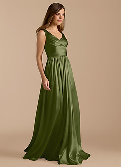 Azazie Keyla Bridesmaid Dresses Olive A-Line Pleated Metallic Satin Dress image7