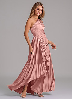 Azazie Lyrica 신부 들러리 드레스 A라인 한쪽 어깨 스트레치 새틴 비대칭 드레스 image2