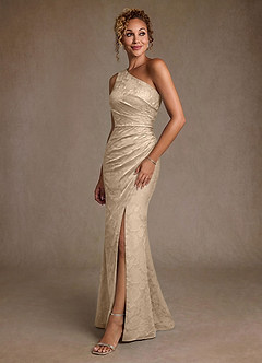 Azazie Joylin Mother of the Bride Dresses Champagne Trumpet One Shoulder Floral Burnout Dress image3