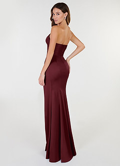 Azazie Yola Vestidos de damas de honor Vestido de Cabernet de Satén Elástico de Corte Recto Convertible con Cuello en V Plisado image4