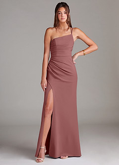 Azazie Eren Vestidos de damas de honor Vestido de Rosa Del Desierto de Crepé elástico de Corte Recto con Hombro unilateral image3