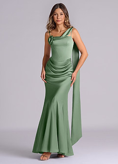 Azazie Inara Essayer des robes à la maison Robe Sirène en Satin extensible Plissée Vert Foncé image1