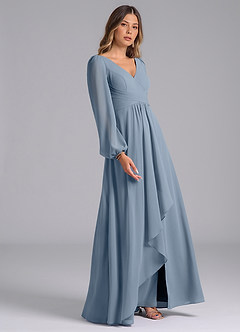 Azazie Liah Bridesmaid Dresses Dusty Blue A-Line Long Sleeve Chiffon Dress image5