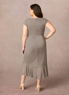 Azazie Renetta Mother of the Bride Dresses Taupe Sheath V-Neck Pleated Mesh Dress image10