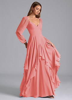Azazie Karan Bridesmaid Dresses Coral A-Line Long Sleeve Chiffon Dress image4