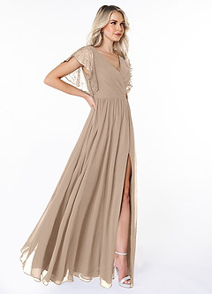 Azazie Zella Robes de demoiselle d'honneur Robe Trapèze en Mousseline de soie Dentelle Taupe image10