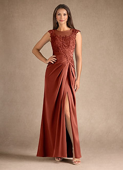 Azazie Santa Barbara Mère de la mariée Robes Robe Fourreau en Satin extensible Plissée Terracotta image1