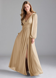 Azazie Norah Bridesmaid Dresses Champagne A-Line Mesh Dress image1