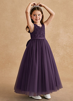 Azazie Cinna Flower Girl Dresses Plum A-Line Lace Tulle Dress image3