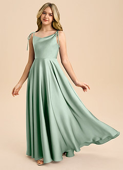Azazie Popsy Junior Agave A-Line Bow Stretch Satin Dress image1