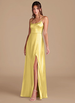 Azazie Halsey Bridesmaid Dresses Canary A-Line Side Slit Metallic Satin Dress image4
