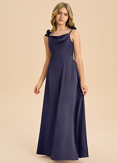 Azazie Gumdrop Junior Robe Empire en Satin extensible Plissée Bleu Orageux image3